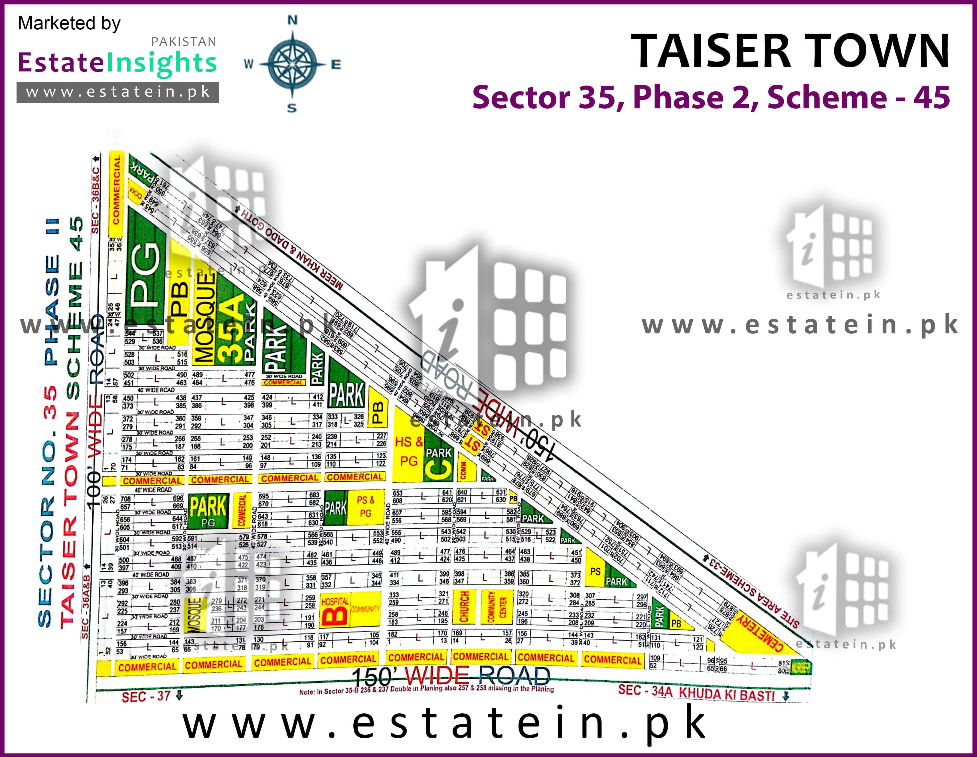 Layout plan / Siteplan Map of Sector 35 Taiser Town Phase II Scheme 45 Karachi.