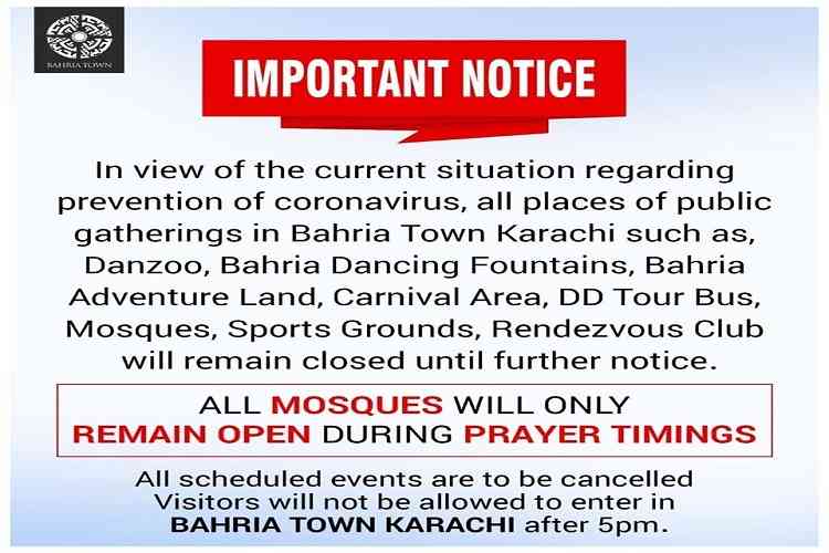 Public Gatherings in Bahria Town Karachi remain closed till further orders- 