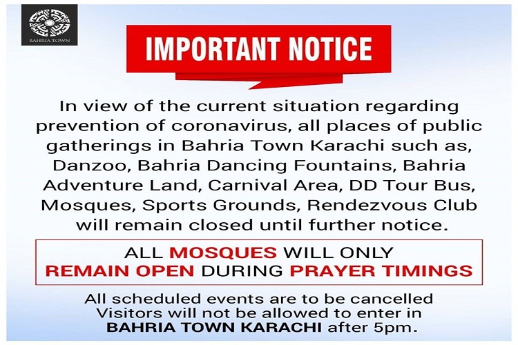 Public Gatherings in Bahria Town Karachi remain closed till further orders-