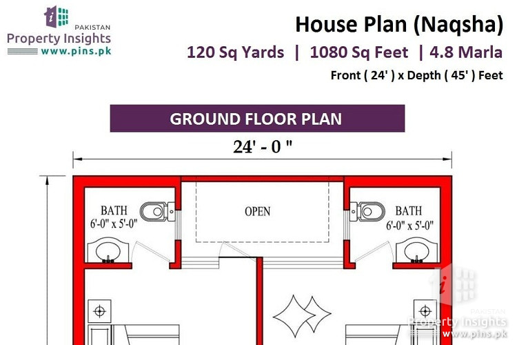 House Plan (Naqsha) for 120 Sq Yards | 1080 Sq Feet | 4.8 Marla House