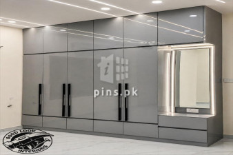 Modern grey wardrobe design with a sleek and elegant finish