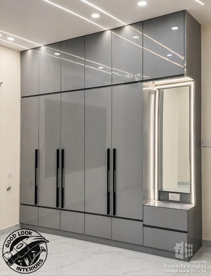 Modern grey wardrobe design with a sleek and elegant finish