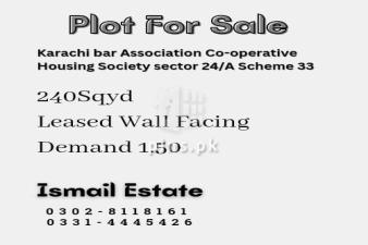 240 sq.yard plot for sale in Karachi bar chs , scheme 33