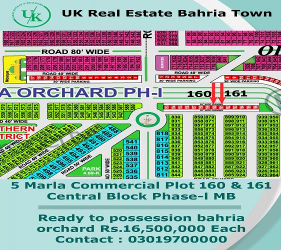 5 Marla Commercial Plots 160 & 161 Central Block Phase-l Main Boulevard Ready to possession bahria orchard Rs.16,500,000 Each